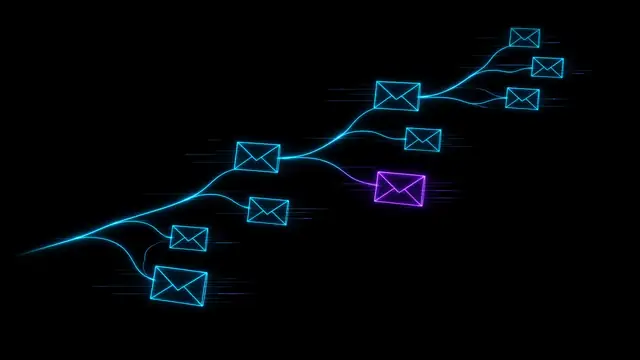 A diagonal chain of wireframe envelopes branching like a conversation, cyan lines between them and one reply glowing violet.
