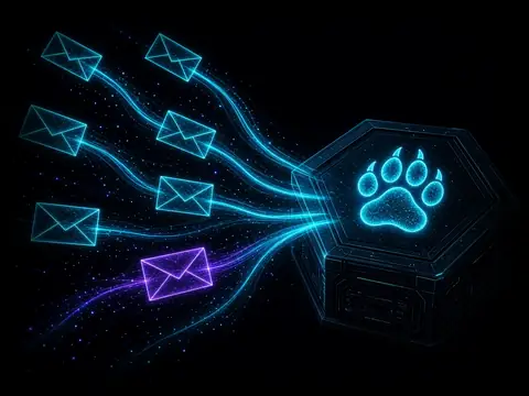 Wireframe envelopes drawn in cyan light streaming into a hexagonal vault, a ghost paw on its lid, one envelope glowing violet.